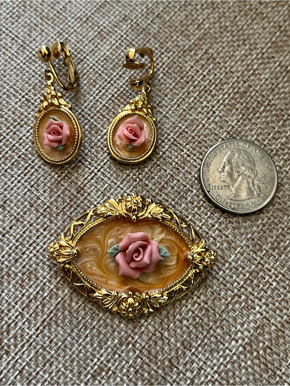 Vintage Gold-Tone Brooch and Clip-On Earrings with Pink Rose Cameos